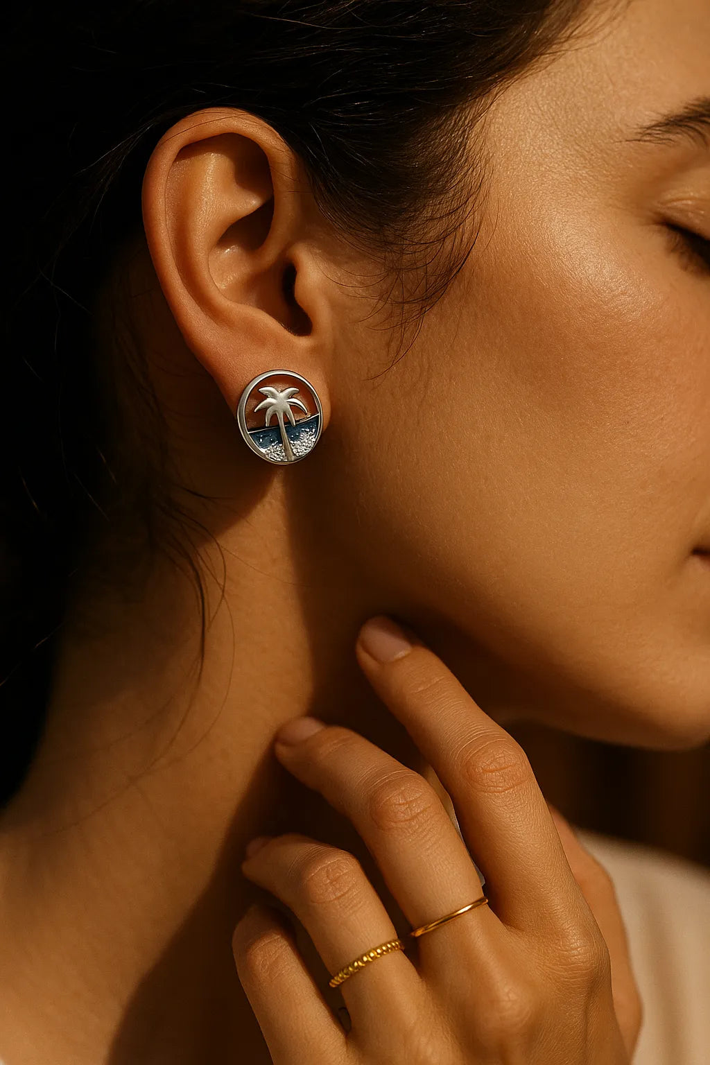 Beach Theme 925 Silver Earring – Palm Tree Ocean Studs for Women