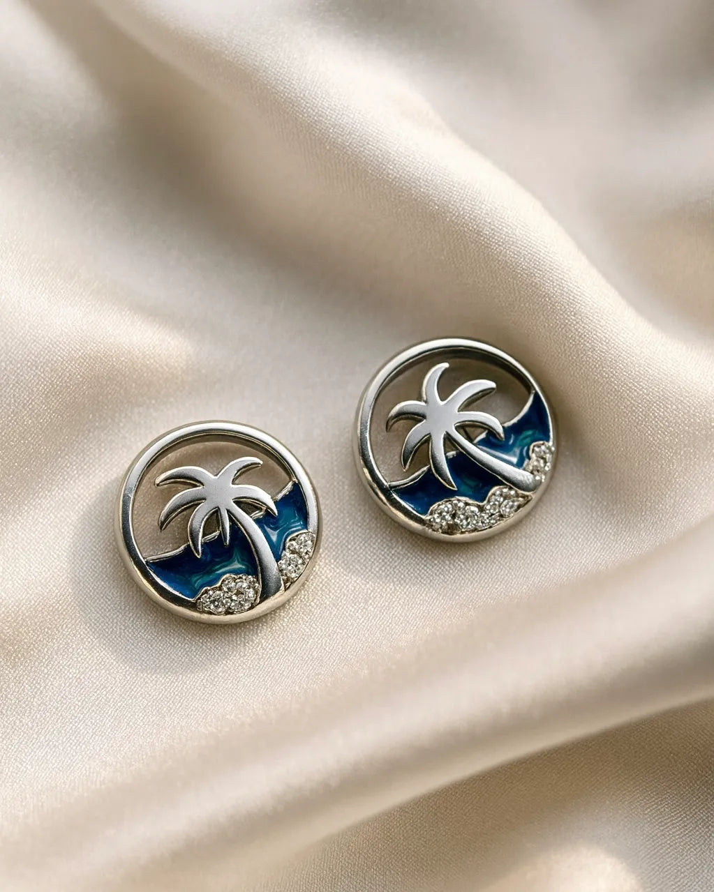 Beach Theme 925 Silver Earring – Palm Tree Ocean Studs for Women
