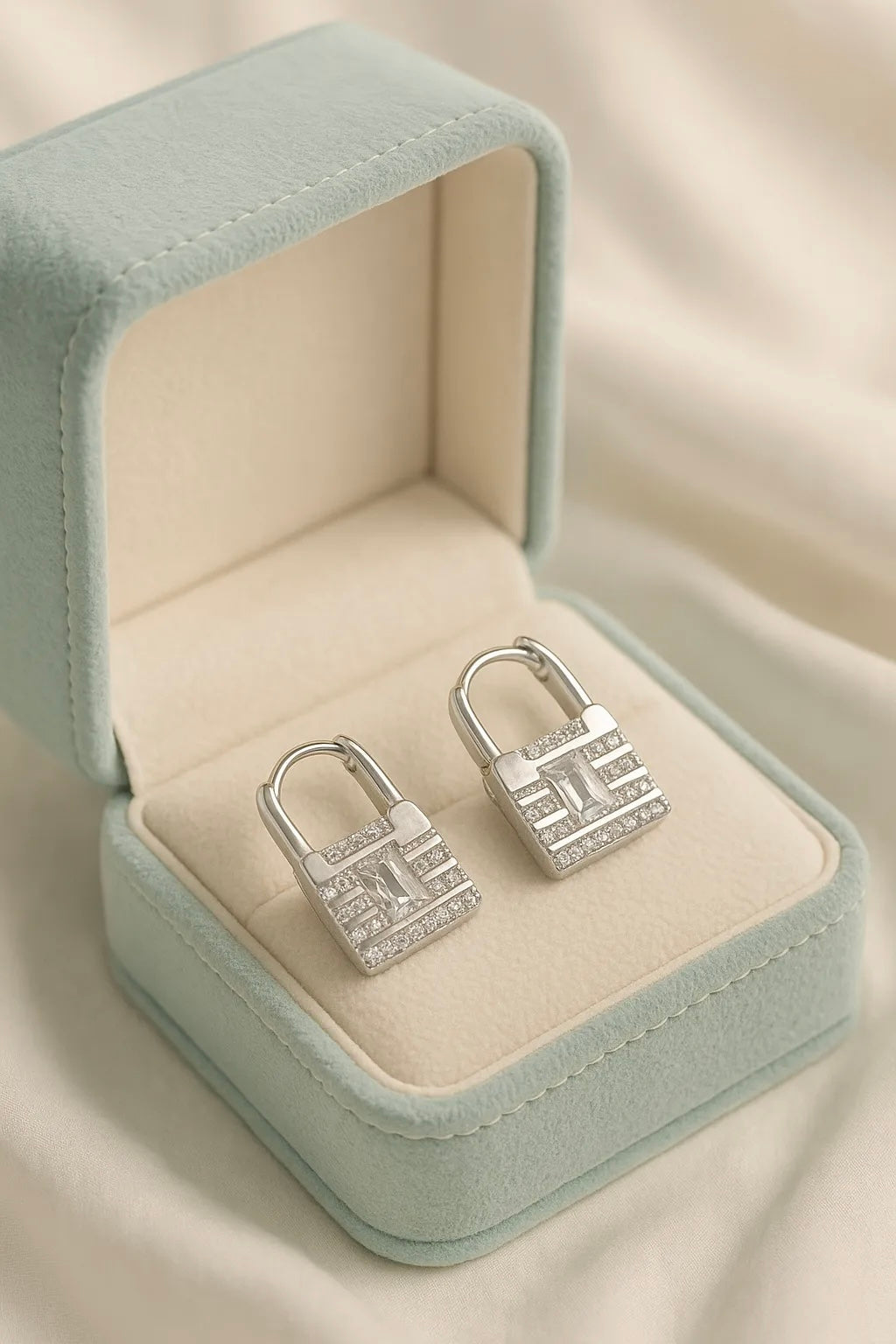 Lock Design 925 Silver Earring with Sparkling CZ Stones for Women