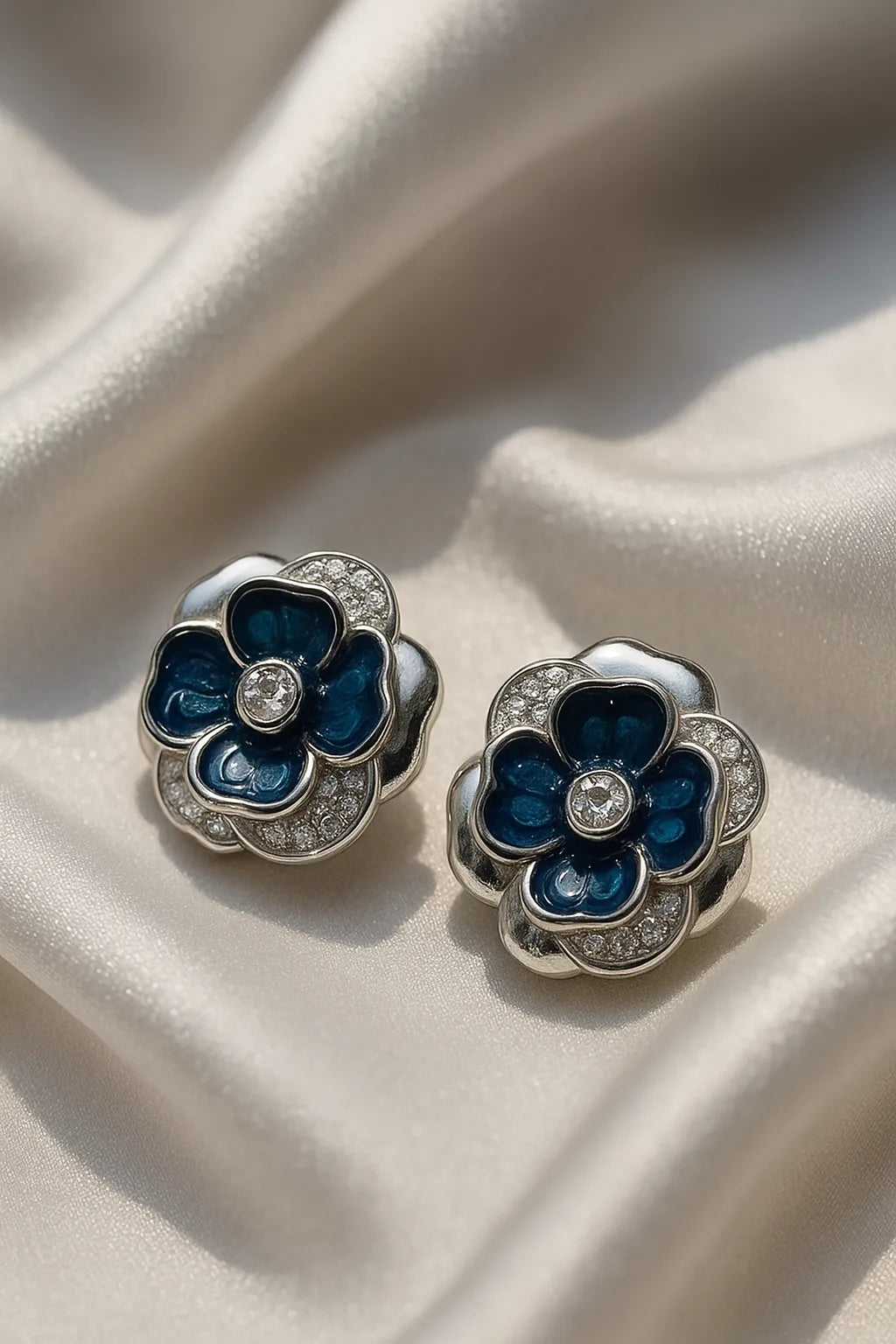Elegant Blue Enamel Flower Stud Earring in Sterling 925 Silver with CZ Diamonds – Luxury Floral Statement Jewelry for Women