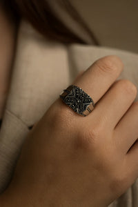 Midnight Aegis Valor — 925 Oxidised Silver Black Stone Rings for Silent Power