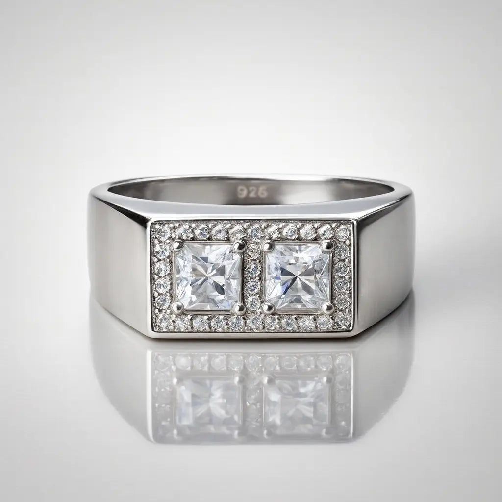 925 Pure Silver Dual Square Diamond-Cut Men’s Rings | Premium Twin-Stone Statement Rings