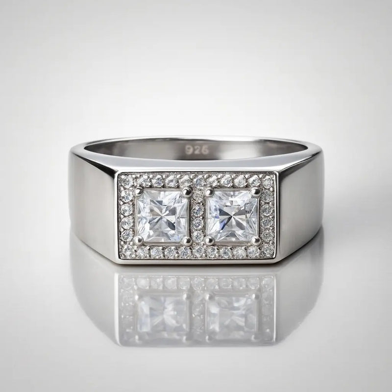925 Pure Silver Dual Square Diamond-Cut Men’s Rings | Premium Twin-Stone Statement Rings