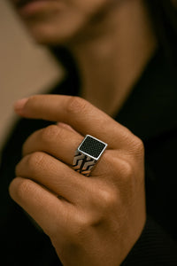 Obsidian Grid Vanguard — 925 Oxidised Silver Black Stone Rings for Quiet Command