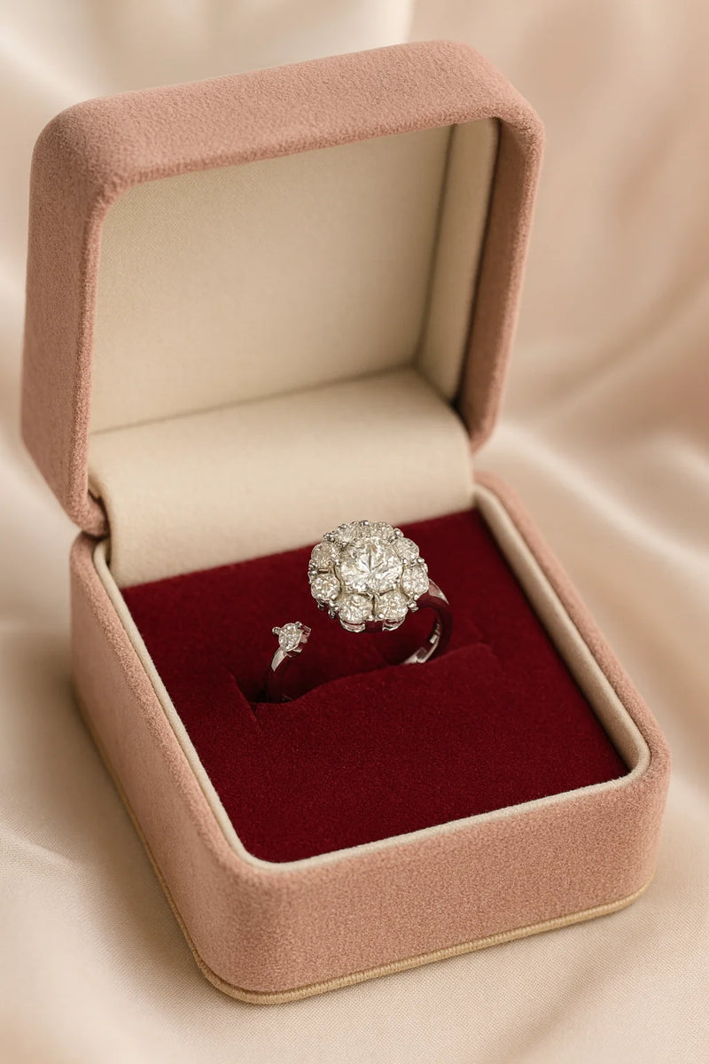 Eternal Radiance Bloom — 925 Silver Diamond Halo Rings for Promises in Full Light