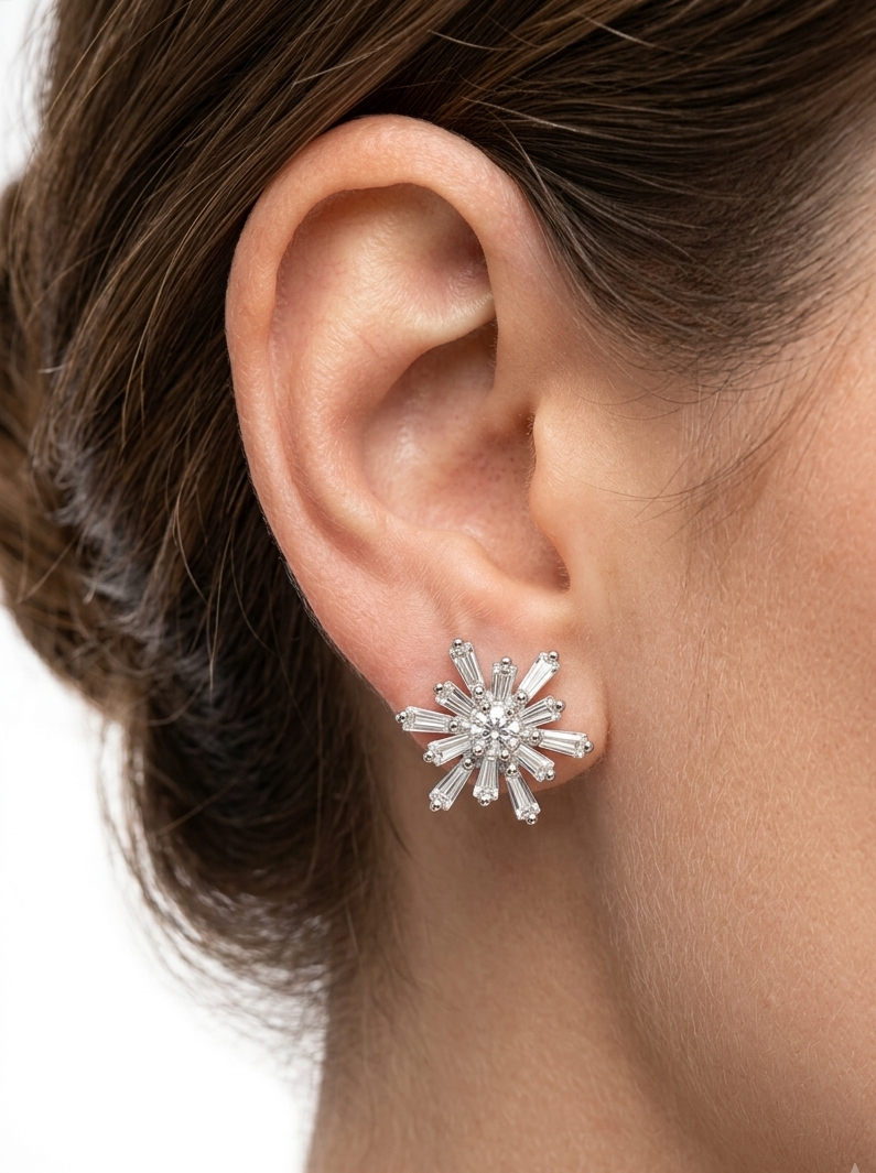 Silver Earrings Sunburst Clear Stone Radiance