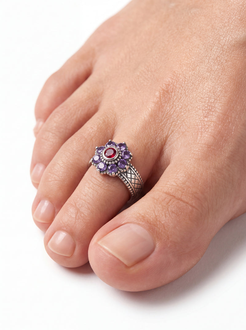 Silver Amethyst Toe Rings Violet Halo Garnet Centre