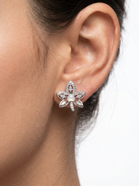 Silver Pearl Earing Blooming Floral Design with Crystal Petals