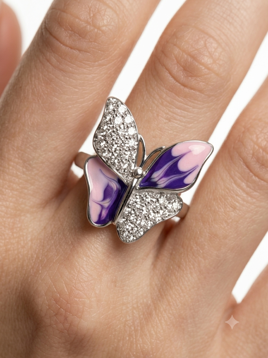 Enchanted Flight: Diamond Enamel Butterfly Rings in Silver