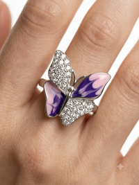 Enchanted Flight: Diamond Enamel Butterfly Rings in Silver