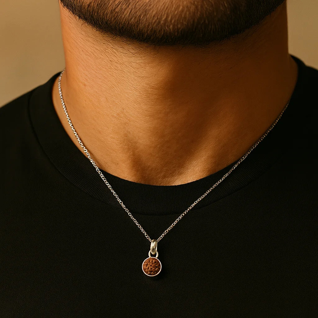 Natural Rudraksh in a Minimal Silver Luxe Shell