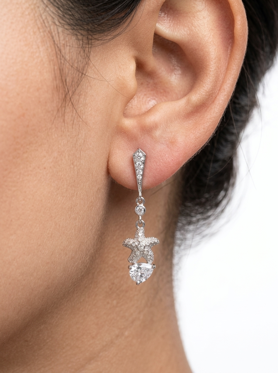 Silver Earrings Starfish Cascade Clear Stone Elegance