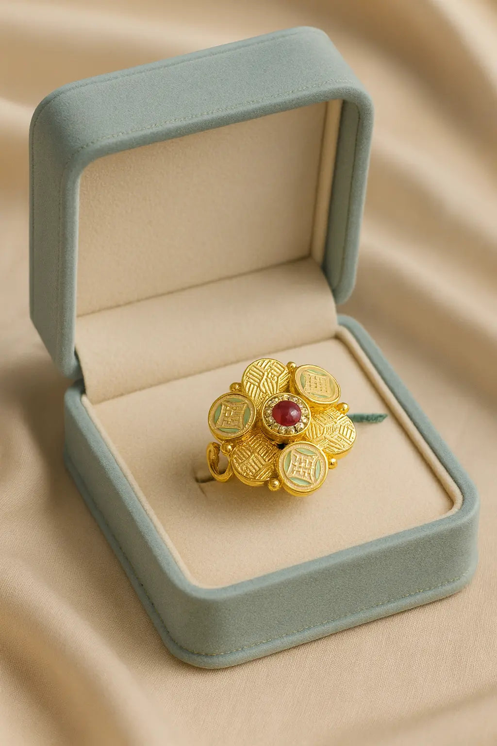 Regal Ruby Blossoms — Opulent Gold Floral Rings with Fiery Grace**

**