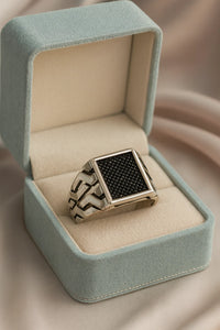 Obsidian Grid Vanguard — 925 Oxidised Silver Black Stone Rings for Quiet Command