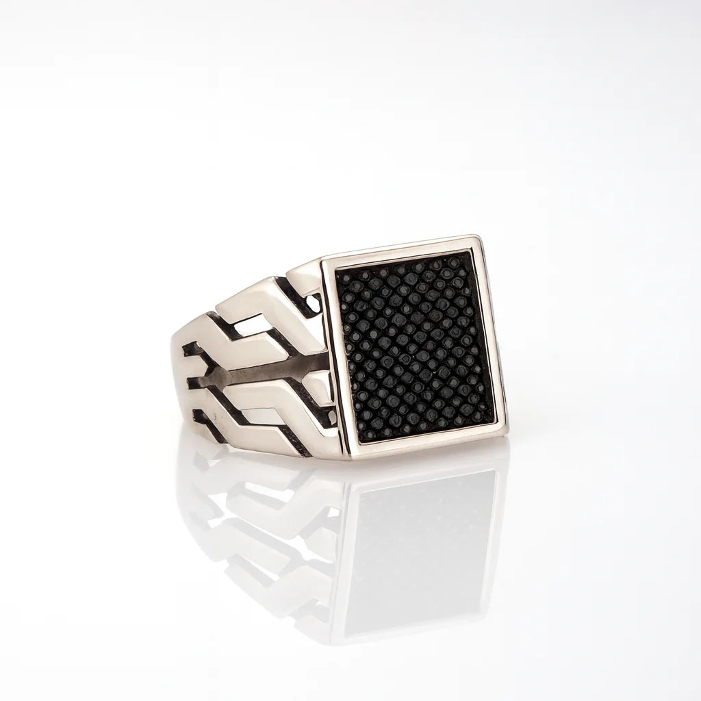 Obsidian Grid Vanguard — 925 Oxidised Silver Black Stone Rings for Quiet Command