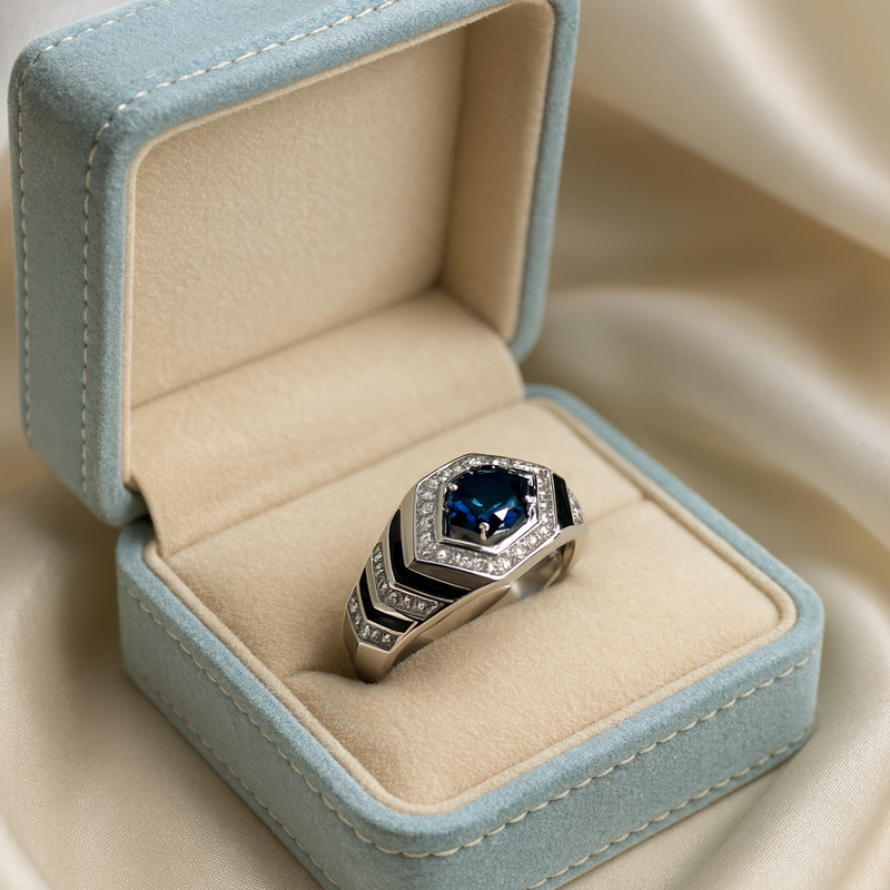 Pure 925 Sterling Silver Rings with Blue Sapphire Center Stone & Diamond Halo – Luxury Hexagon Design