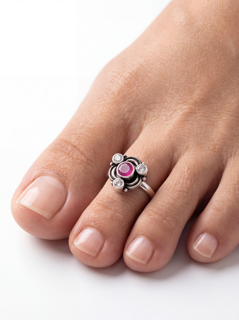 Silver Toe Rings with Ruby Blossom Halo and Diamond Accents