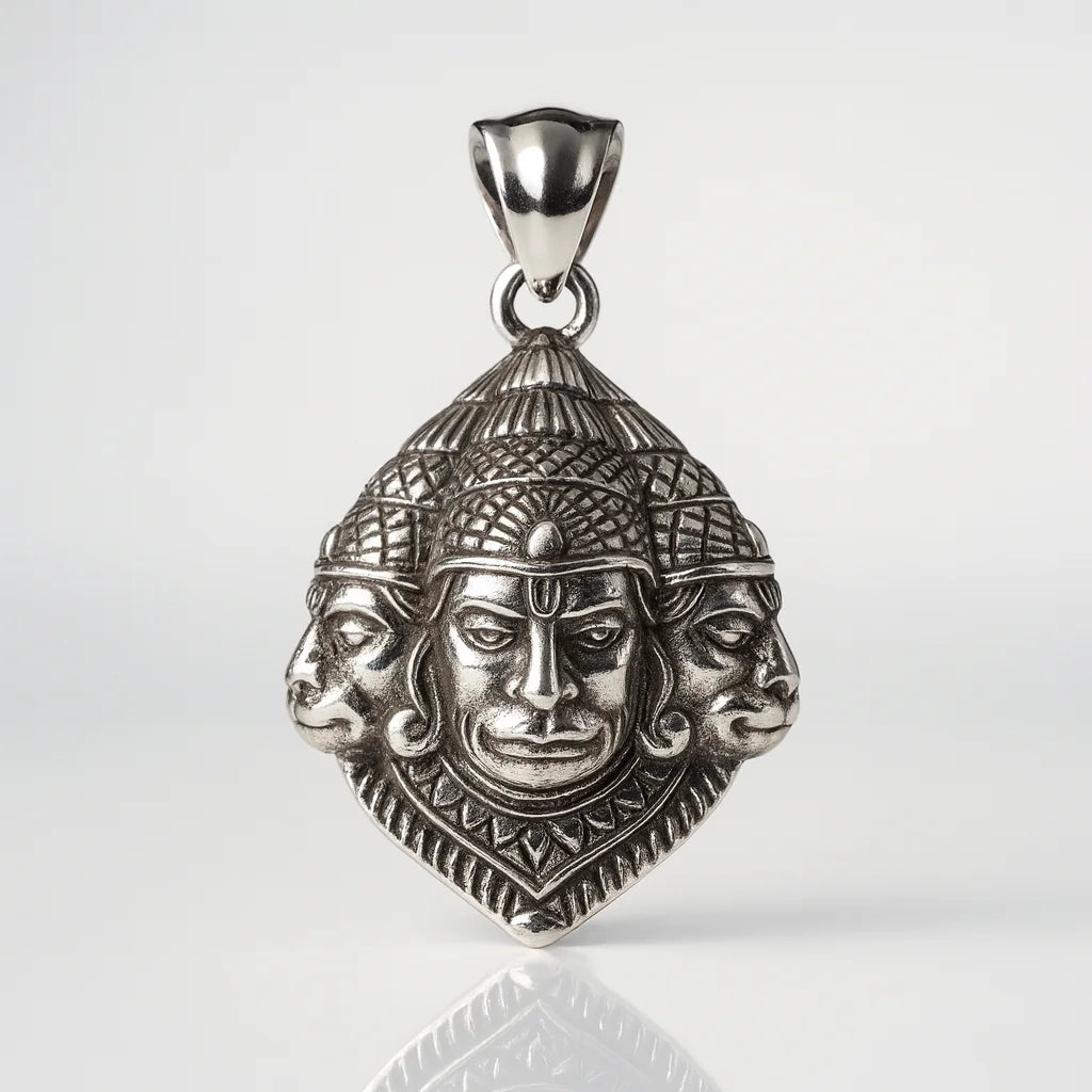 Divine Hanuman Chain Pendant – Three-Face Protector Icon in Pure 925 Silver Hand-Carved Detail