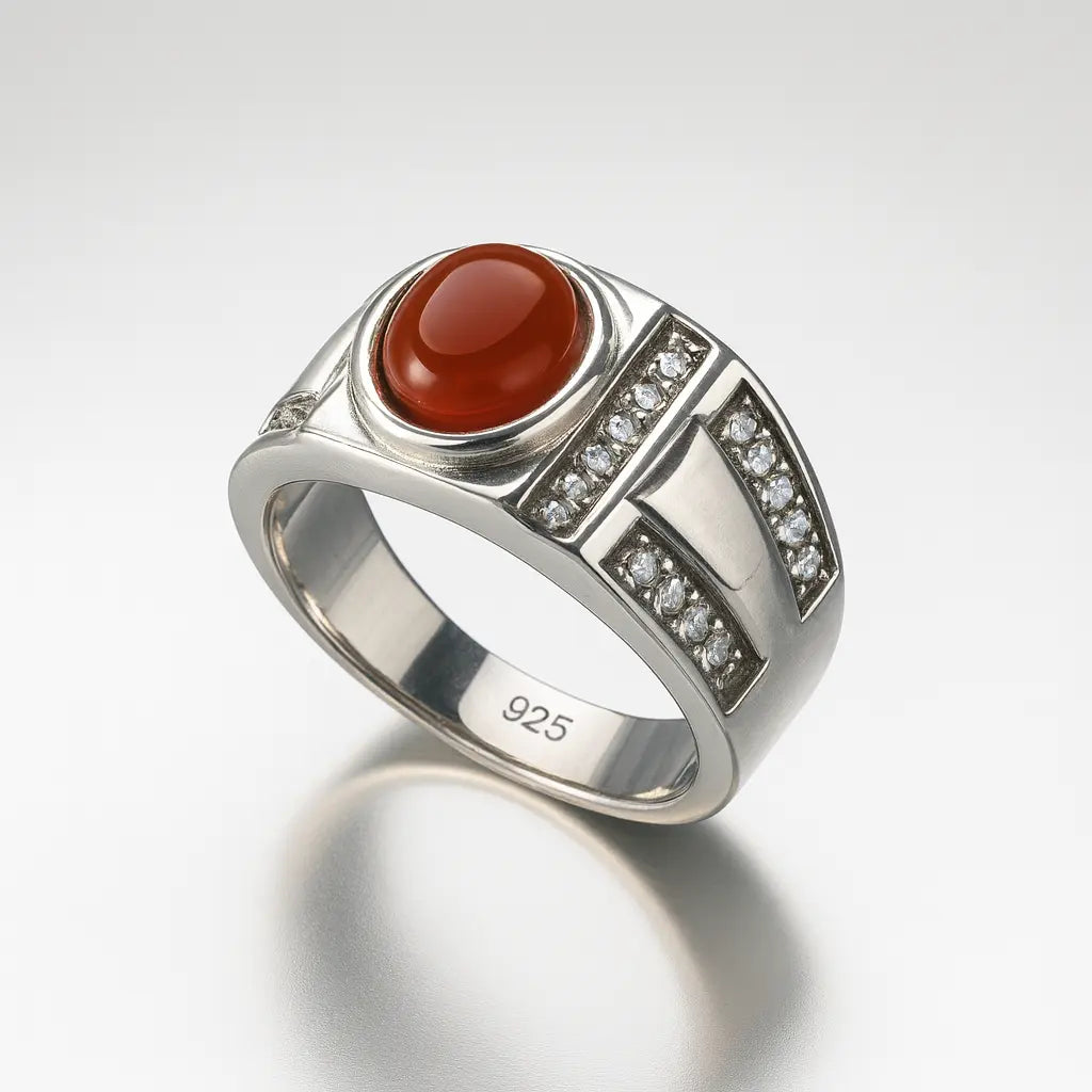 925 Hallmarked Pure Silver Red Coral Statement Rings | Designer Moonga Ring for Men