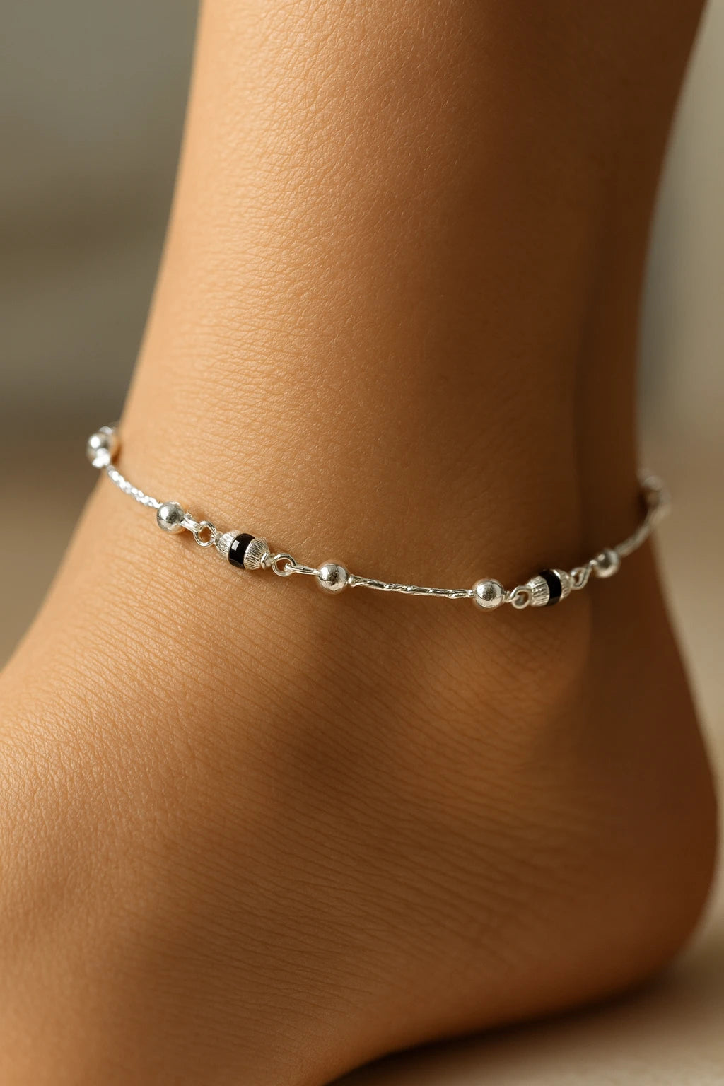 Midnight Thread Silver Anklet – Sleek Beaded Charms for Effortless Grace