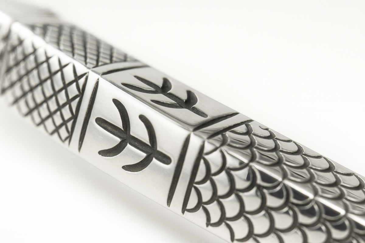 999 Silver Mens Kada 100% pure Geometric Mosaic Panels with Textured Etching
