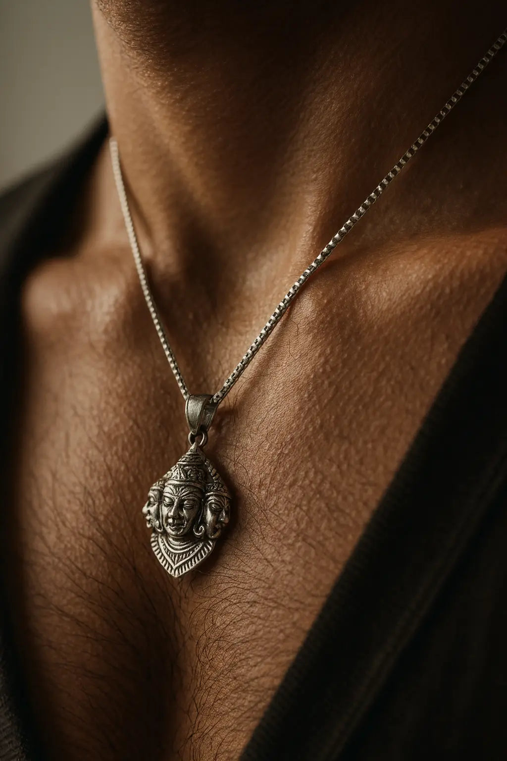 Divine Hanuman Chain Pendant – Three-Face Protector Icon in Pure 925 Silver Hand-Carved Detail
