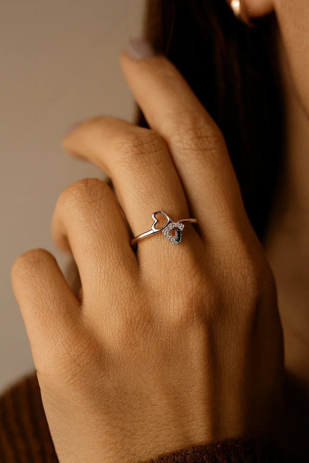 Midnight Promise Duet — 925 Silver Sapphire Diamond Heart Rings for Quiet Vows