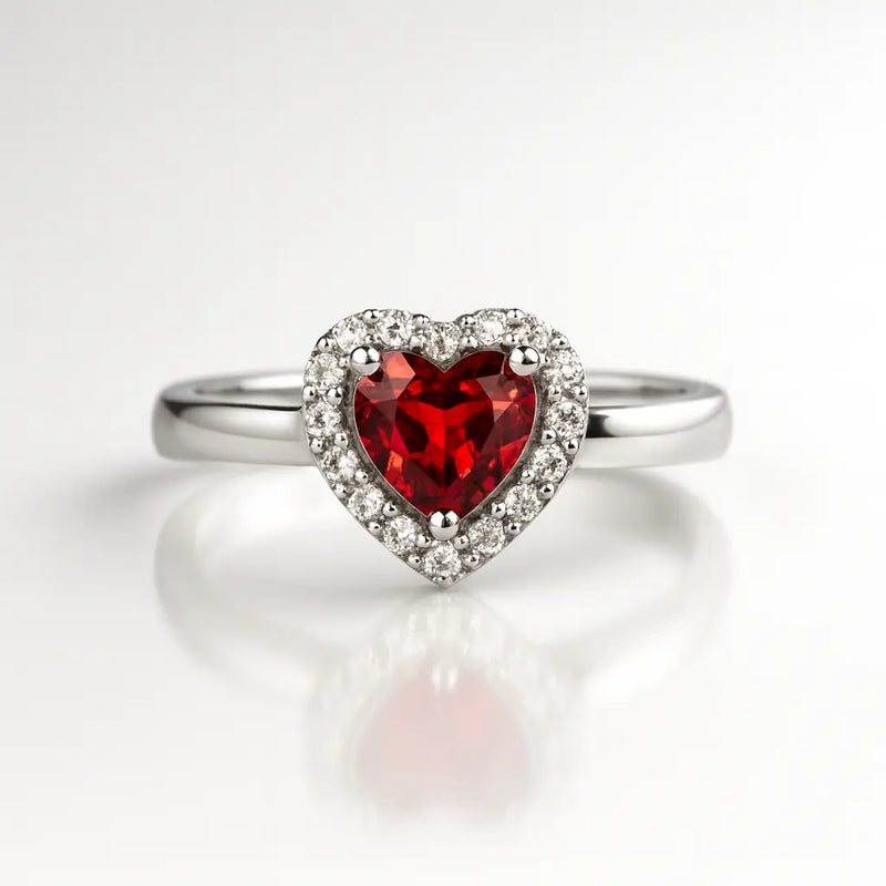 The Eternal Love Rings — 925 Silver Heart-Shaped Ruby with Diamond Halo for a Promise That Never Fades