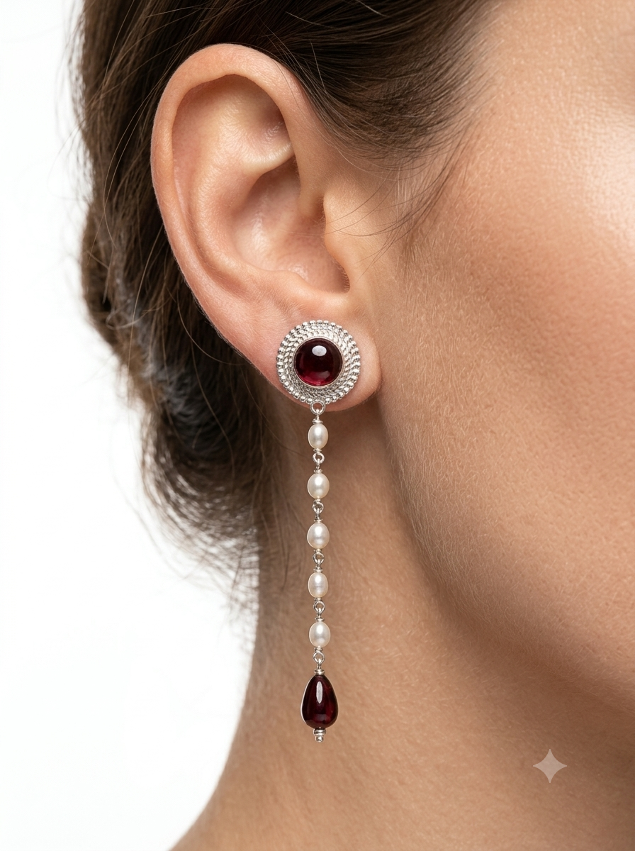 925 Sterling Silver Garnet & Pearl Drop Earrings