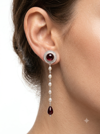925 Sterling Silver Garnet & Pearl Drop Earrings