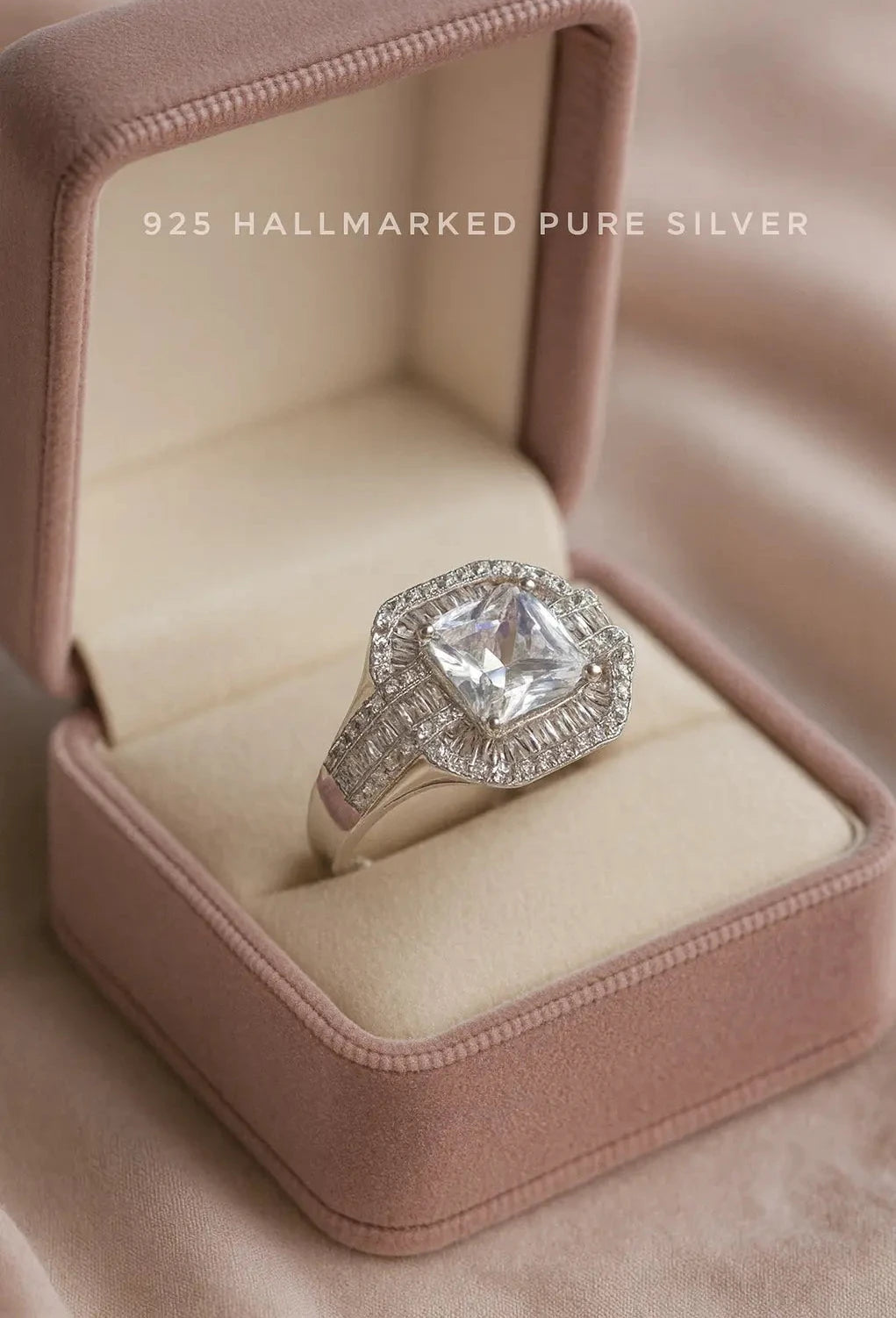 925 Hallmarked Silver Cushion-Cut Halo Engagement Ring | Premium Zircon Bridal & Anniversary Rings for Men