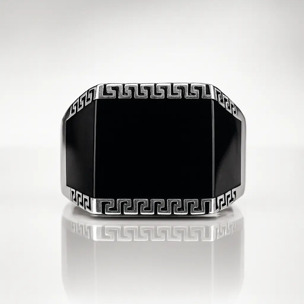 Premium Black Onyx Greek 925 Pure Sterling Silver Men’s Statement Rings | Bold Rectangular Designer Signet