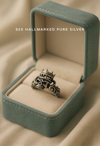 Pure 925 Hallmarked Silver King Skull Rings for Men | Royal Gothic Biker Jewellery with Sculpted Details