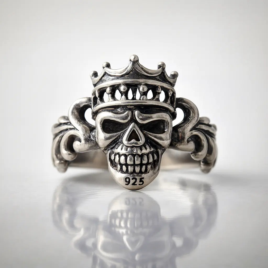 Pure 925 Hallmarked Silver King Skull Rings for Men | Royal Gothic Biker Jewellery with Sculpted Details