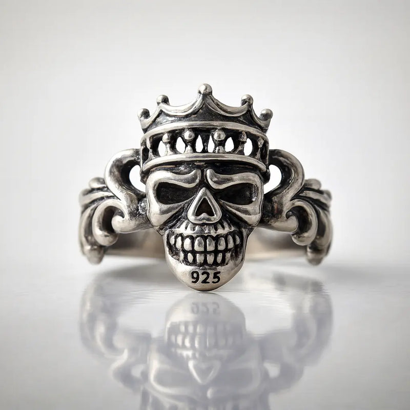 Pure 925 Hallmarked Silver King Skull Rings for Men | Royal Gothic Biker Jewellery with Sculpted Details