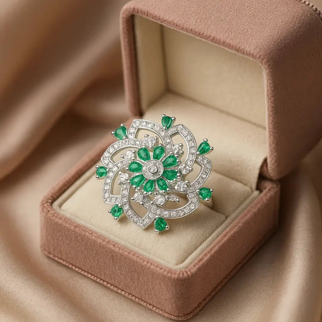 Enchanted Emerald Blossom — 925 Silver Rings for Nature's Eternal Symphony