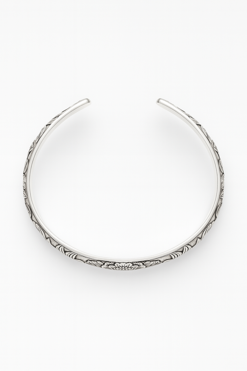 999 Silver Mens Kada Floral Vine Engraving with Oxidised Silver Finish 100% Pure Silver