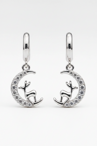 925 Sterling Silver Moon & Cat Hoop Earrings for Women | Cute CZ Dangle Earrings | SK Jewellers