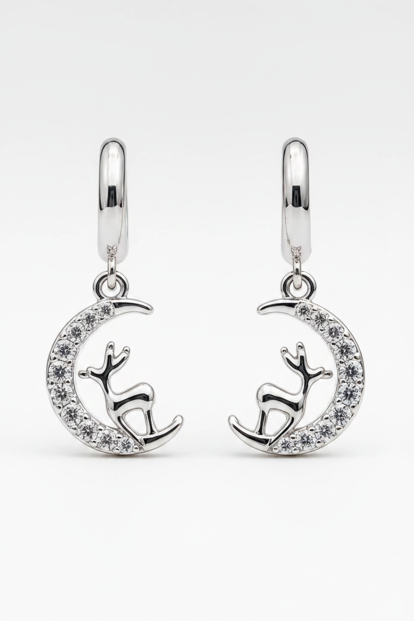 925 Sterling Silver Moon & Cat Hoop Earrings for Women | Cute CZ Dangle Earrings | SK Jewellers