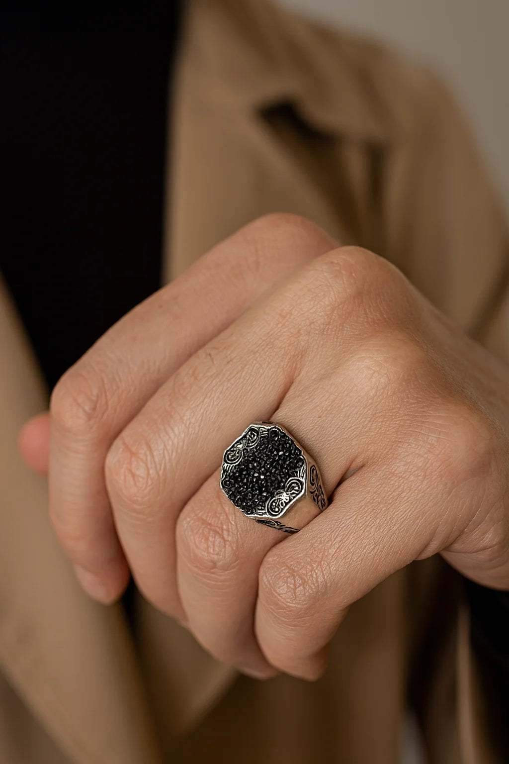 Shadow Citadel Crest — 925 Oxidised Silver Black Stone Rings for Silent Kings