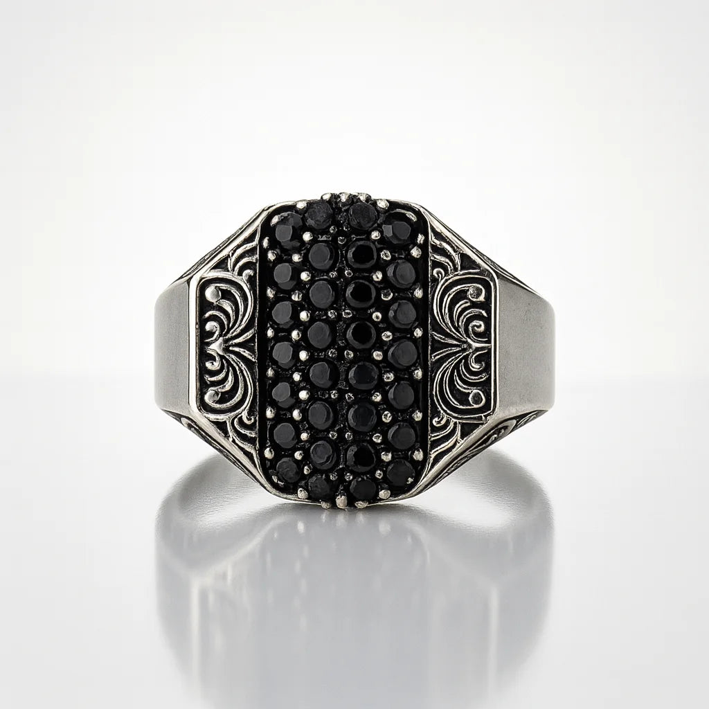 Shadow Citadel Crest — 925 Oxidised Silver Black Stone Rings for Silent Kings