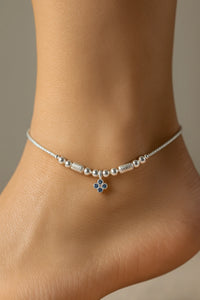 Blue Blossom Whisper Silver Anklet – Beaded Charm for Poised, Everyday Shine