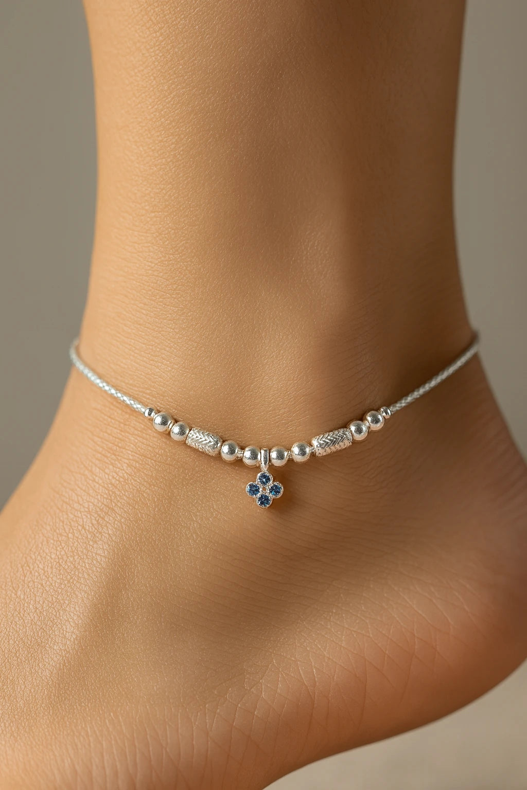Blue Blossom Whisper Silver Anklet – Beaded Charm for Poised, Everyday Shine