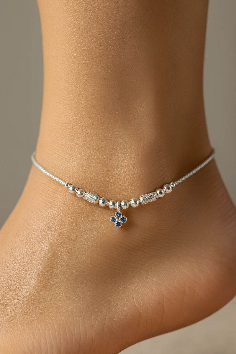 Blue Blossom Whisper Silver Anklet – Beaded Charm for Poised, Everyday Shine