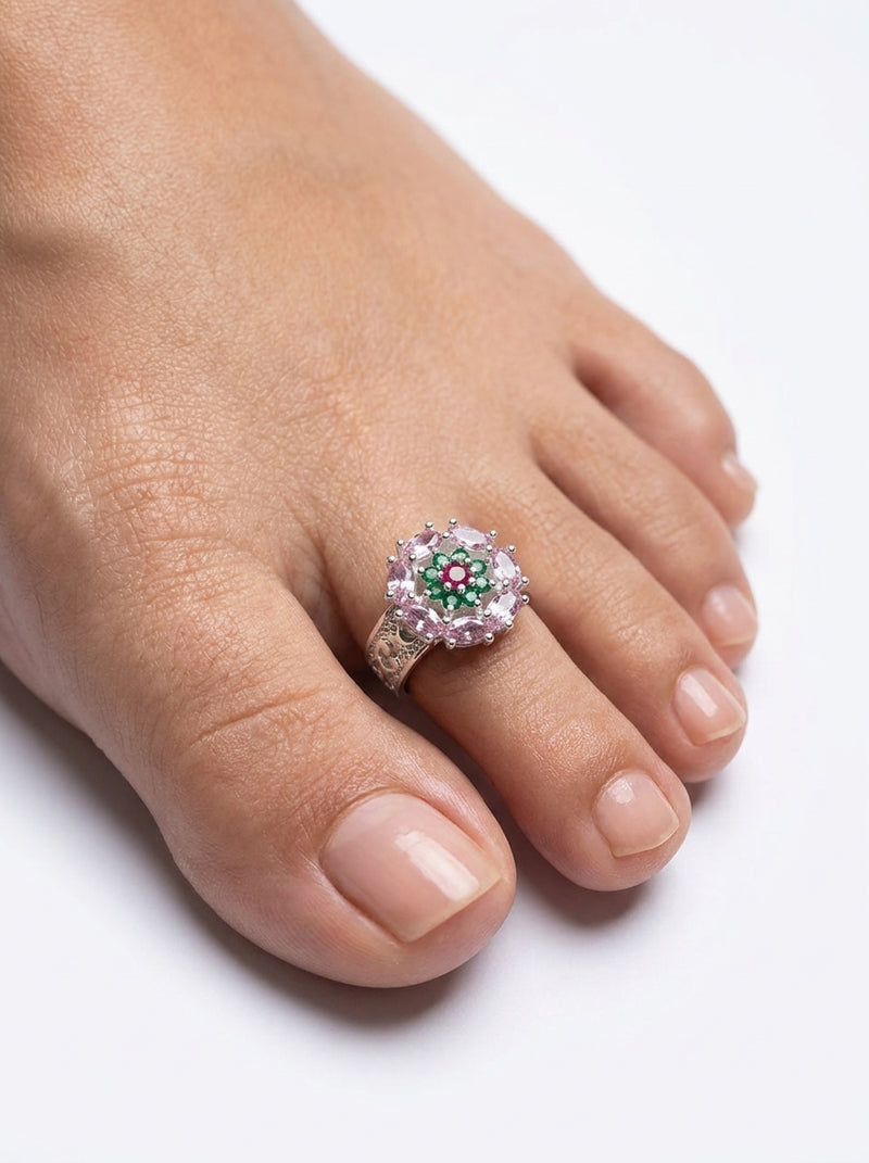 Silver Toe Rings Jewel Mosaic Double Rosette Multicolour