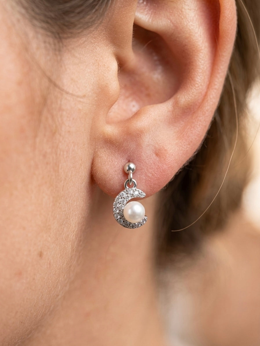 Silver Earrings Moonlit Pearl Crescent Design