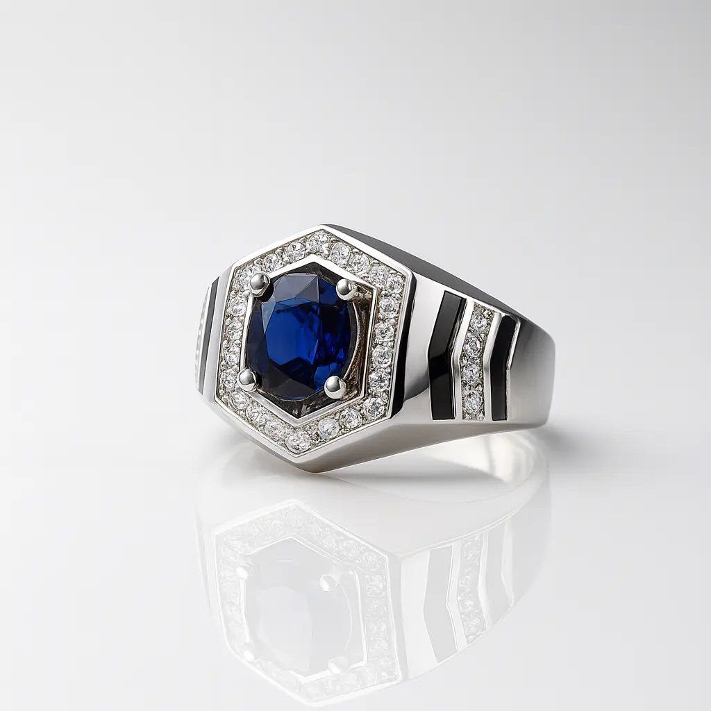Pure 925 Sterling Silver Rings with Blue Sapphire Center Stone & Diamond Halo – Luxury Hexagon Design