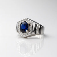 Pure 925 Sterling Silver Rings with Blue Sapphire Center Stone & Diamond Halo – Luxury Hexagon Design