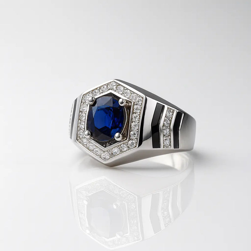 Pure 925 Sterling Silver Rings with Blue Sapphire Center Stone & Diamond Halo – Luxury Hexagon Design