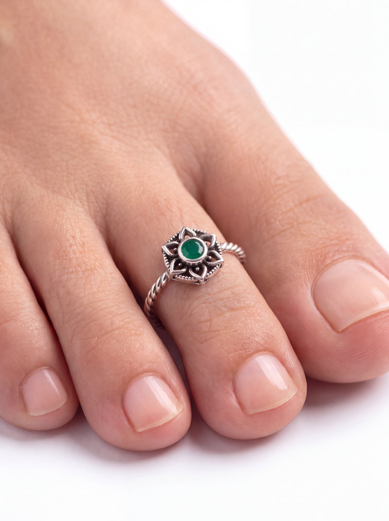 Silver Toe Rings with Botanical Rosette and Green Gemstone